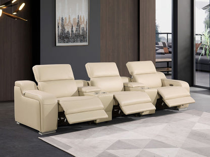 129" Beige Italian Leather Reclining USB Sofa