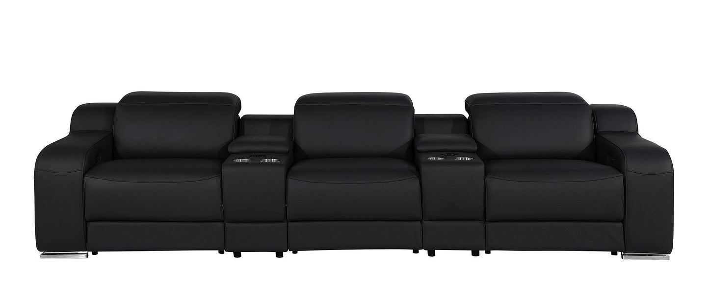 129" Black Italian Leather Reclining USB Sofa