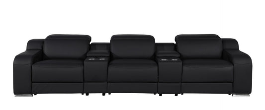 129" Black Italian Leather Reclining USB Sofa