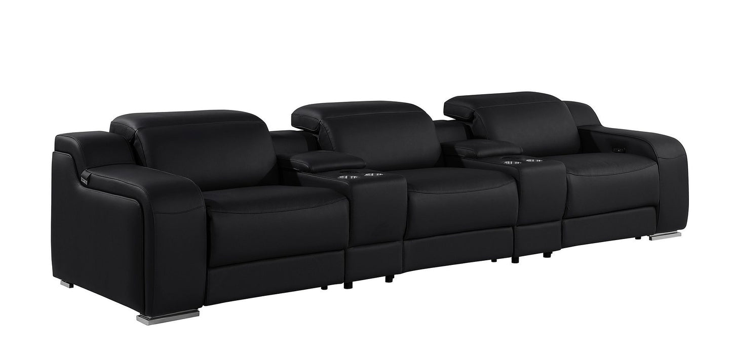 129" Black Italian Leather Reclining USB Sofa