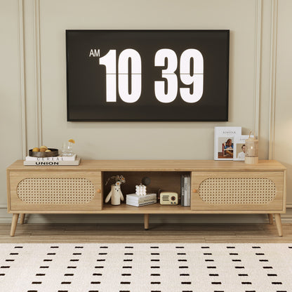 Boho TV Stand For TVs Up To 80'' , Modern Farmhouse Media Console, Entertainment Center With Solid Wood Legs, TV Cabinet For Living Room, Home Theatre