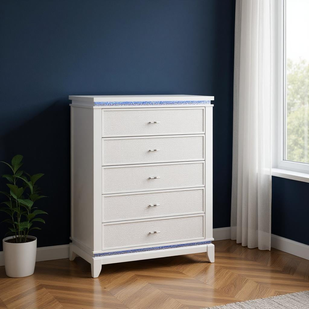 36" White Faux Crystal Glitter Wood Lighted Five Drawer Dresser
