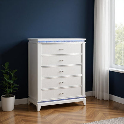36" White Faux Crystal Glitter Wood Lighted Five Drawer Dresser