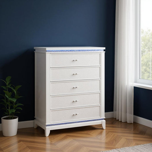 36" White Faux Crystal Glitter Wood Lighted Five Drawer Dresser
