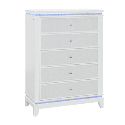 36" White Faux Crystal Glitter Wood Lighted Five Drawer Dresser