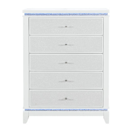 36" White Faux Crystal Glitter Wood Lighted Five Drawer Dresser