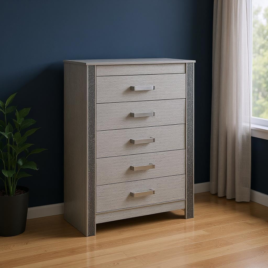 36" Silver Wood Five Drawer Dresser