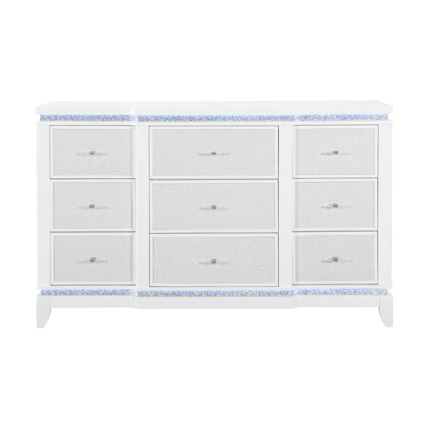 62" White Faux Crystal Glitter Wood Lighted Nine Drawer Triple Dresser