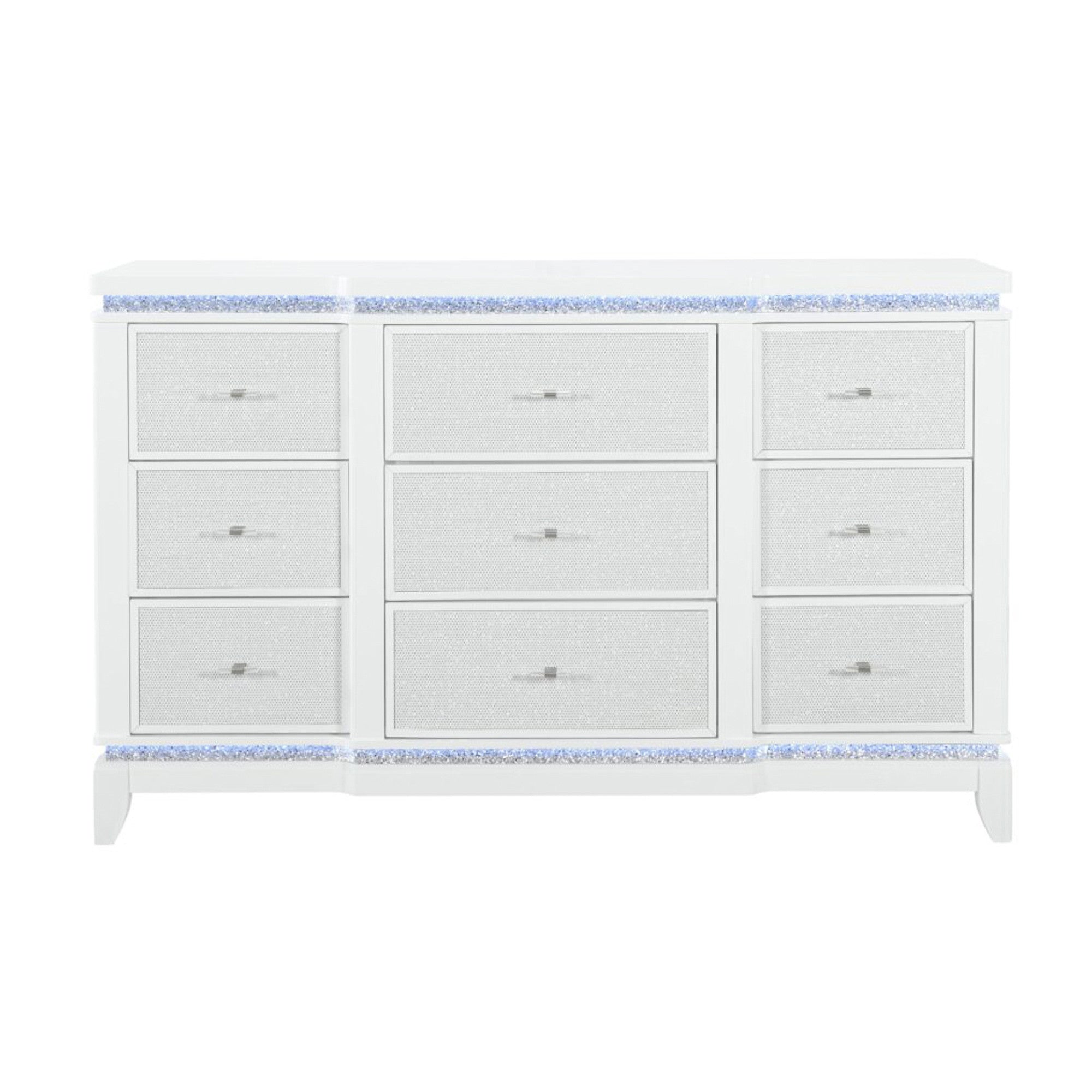 62" White Faux Crystal Glitter Wood Lighted Nine Drawer Triple Dresser