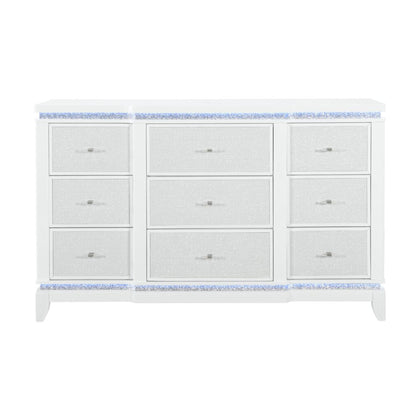 62" White Faux Crystal Glitter Wood Lighted Nine Drawer Triple Dresser