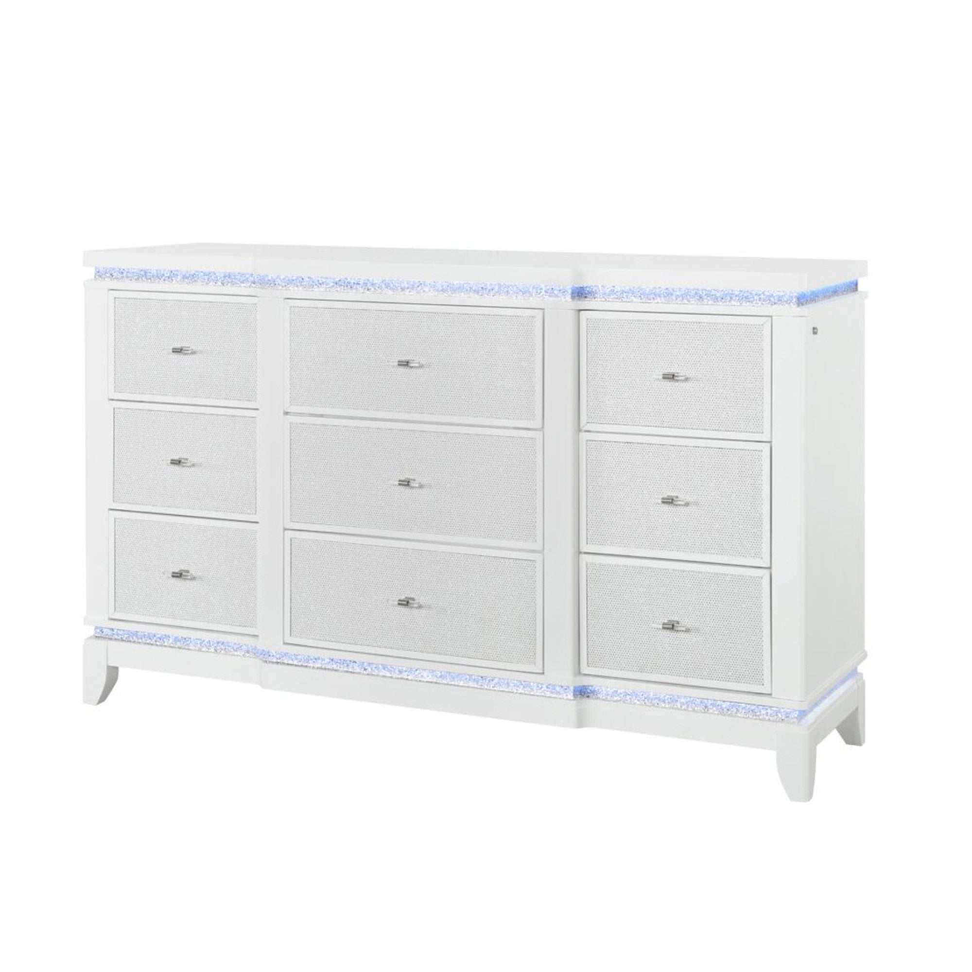 62" White Faux Crystal Glitter Wood Lighted Nine Drawer Triple Dresser