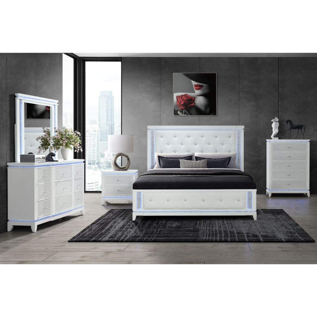 62" White Faux Crystal Glitter Wood Lighted Nine Drawer Triple Dresser