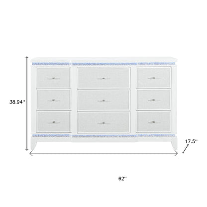 62" White Faux Crystal Glitter Wood Lighted Nine Drawer Triple Dresser