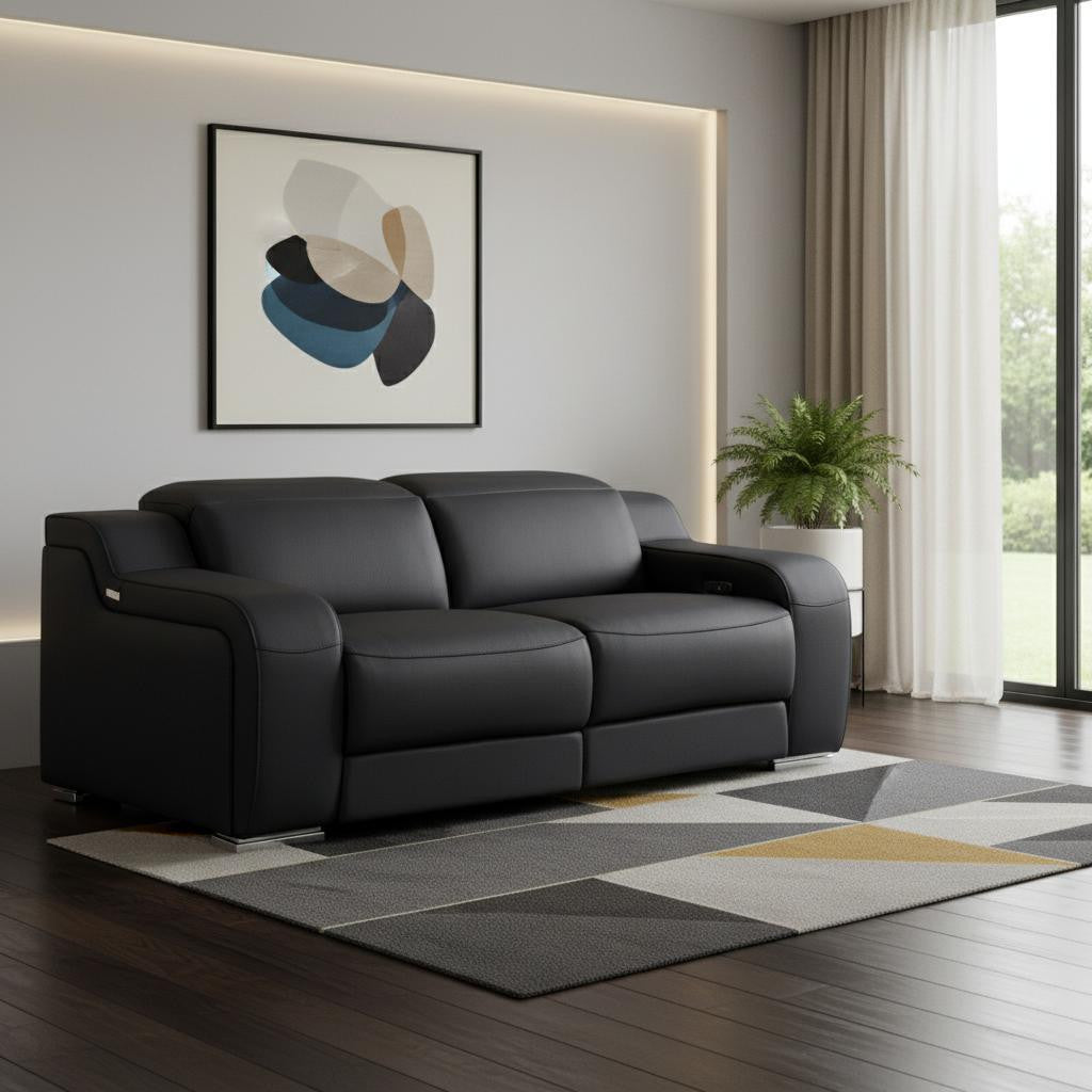 76" Black and Silver Italian Leather Power Reclining Loveseat