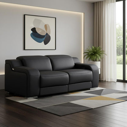 76" Black and Silver Italian Leather Power Reclining Loveseat