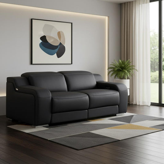 76" Black and Silver Italian Leather Power Reclining Loveseat