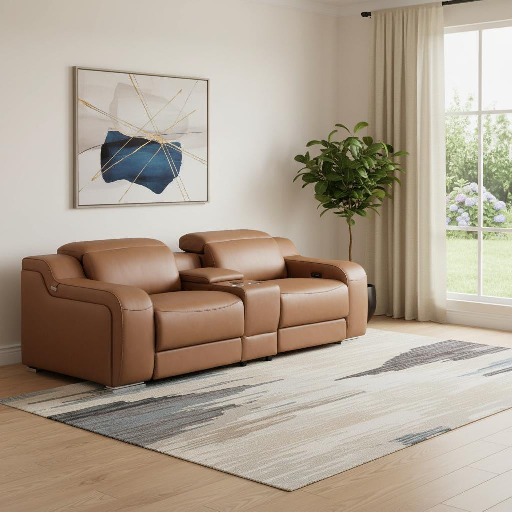 76" Cognac and Silver Italian Leather Power Reclining Loveseat With Storage