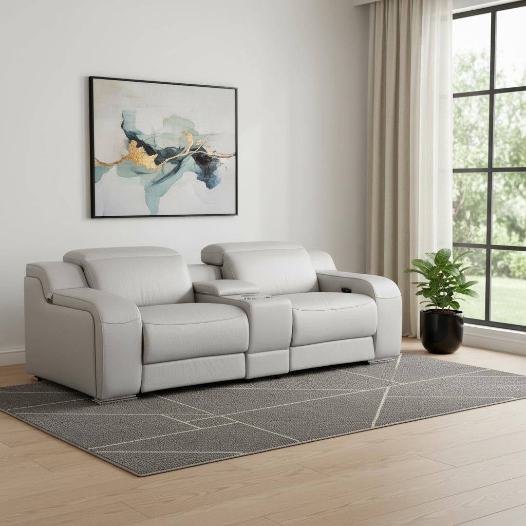 89" Light Gray and Silver Italian Leather Power Reclining Loveseat With Storage