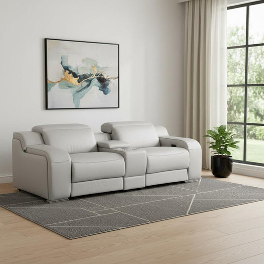 89" Light Gray and Silver Italian Leather Power Reclining Loveseat With Storage