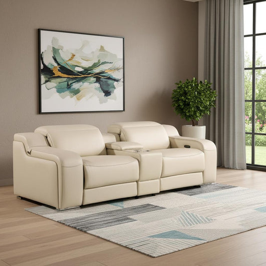89" Beige and Silver Italian Leather Power Reclining Loveseat With Storage
