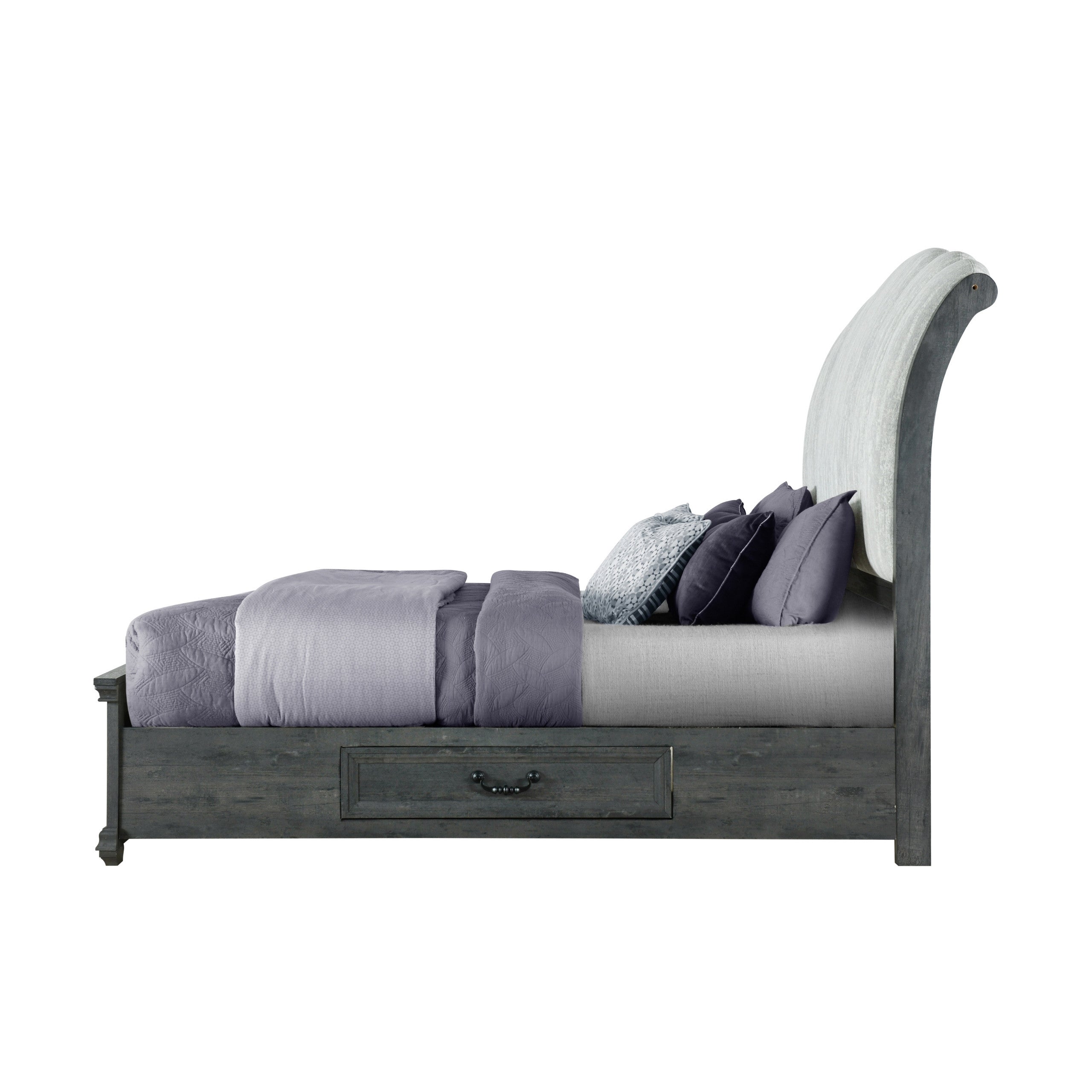 Gray Distressed Wood And Upholstery King Bed Frame With Drawers