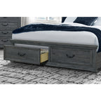 Gray Distressed Wood And Upholstery King Bed Frame With Drawers