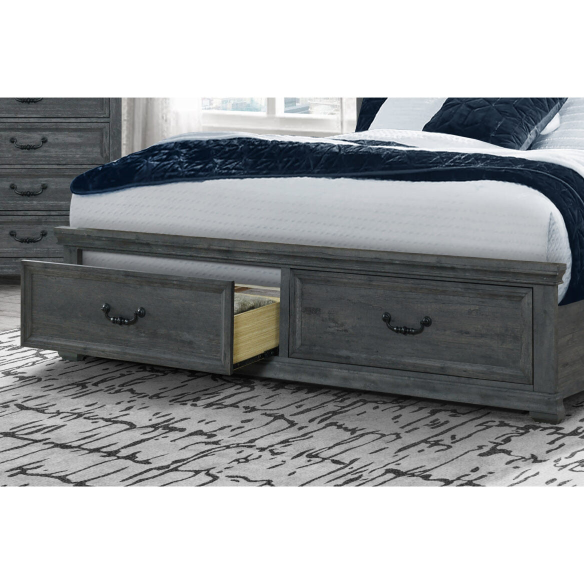 Gray Distressed Wood And Upholstery King Bed Frame With Drawers
