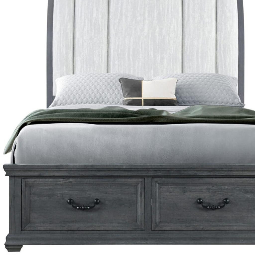 Gray Distressed Wood And Upholstery King Bed Frame With Drawers