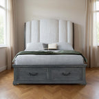 Gray Distressed Wood And Upholstery Queen Bed Frame With Drawers