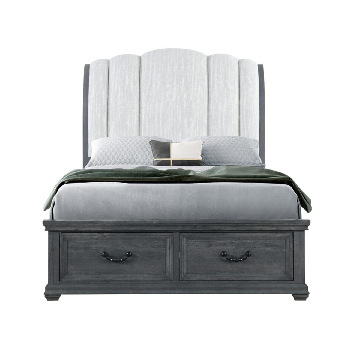 Gray Distressed Wood And Upholstery Queen Bed Frame With Drawers