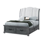 Gray Distressed Wood And Upholstery Queen Bed Frame With Drawers