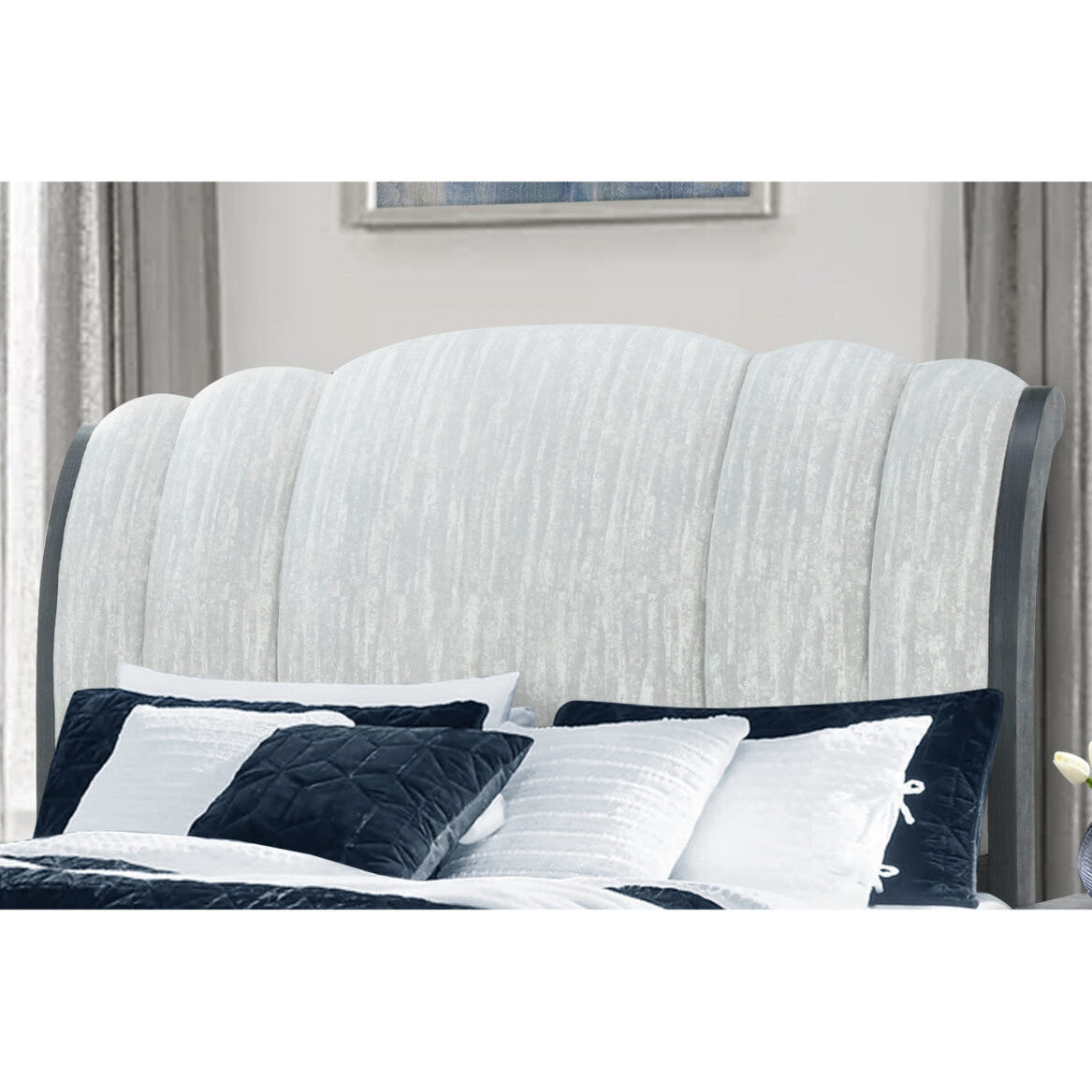 Gray Distressed Wood And Upholstery Queen Bed Frame With Drawers