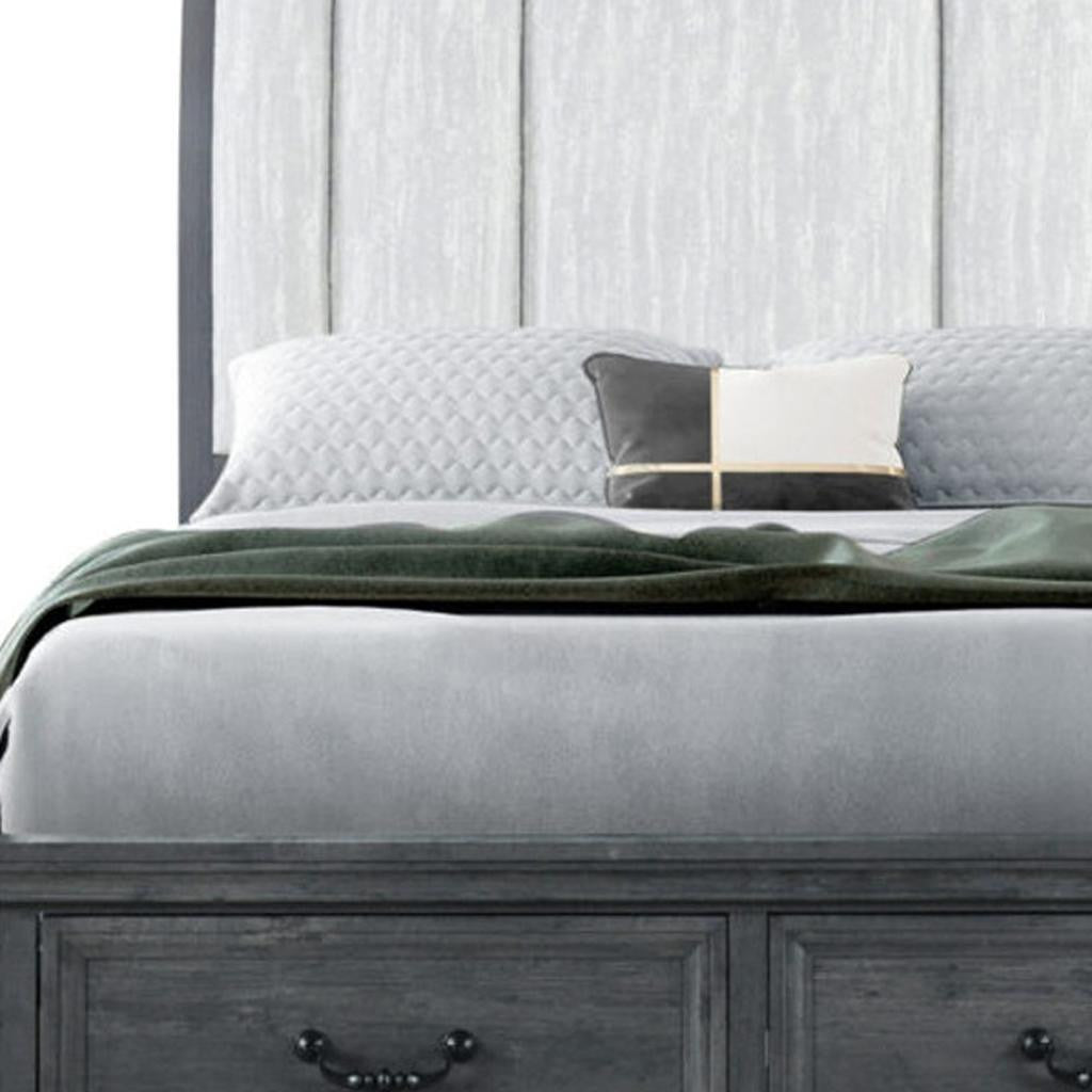 Gray Distressed Wood And Upholstery Queen Bed Frame With Drawers
