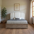 Natural and Light Gray Distressed Wood And Upholstery Queen Bed Frame With Drawers