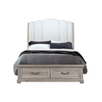 Natural and Light Gray Distressed Wood And Upholstery Queen Bed Frame With Drawers