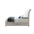 Natural and Light Gray Distressed Wood And Upholstery Queen Bed Frame With Drawers
