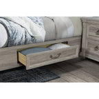 Natural and Light Gray Distressed Wood And Upholstery Queen Bed Frame With Drawers