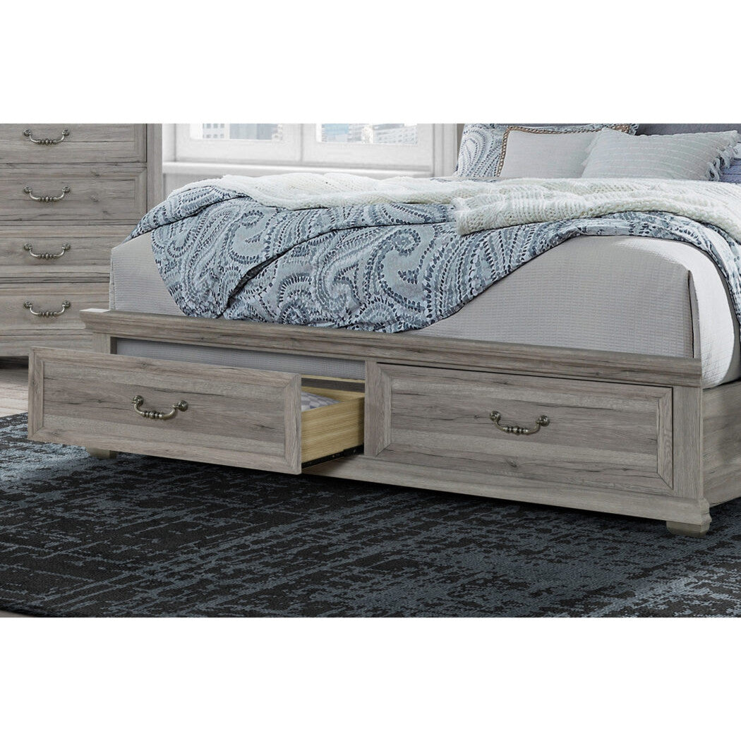 Natural and Light Gray Distressed Wood And Upholstery Queen Bed Frame With Drawers