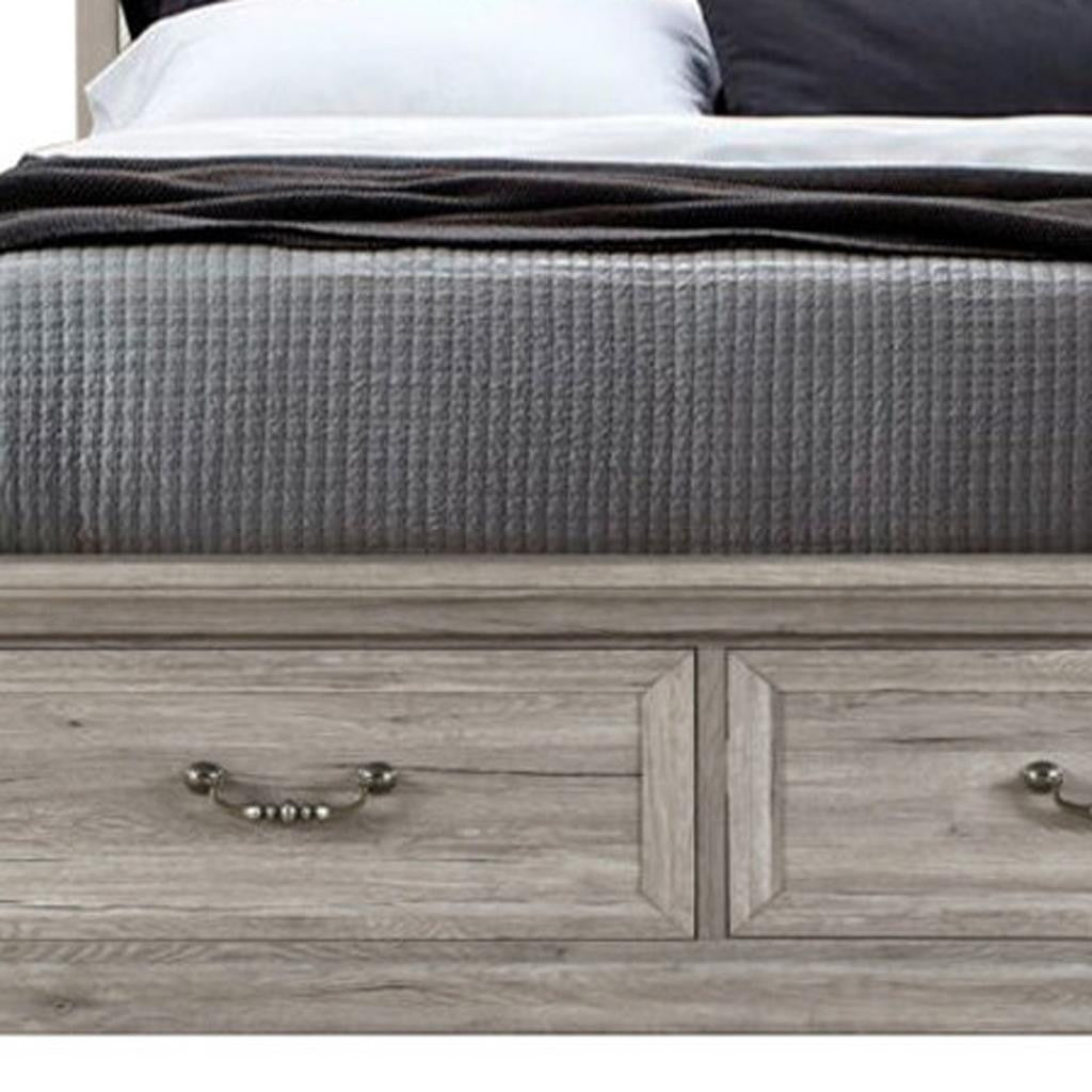 Natural and Light Gray Distressed Wood And Upholstery Queen Bed Frame With Drawers