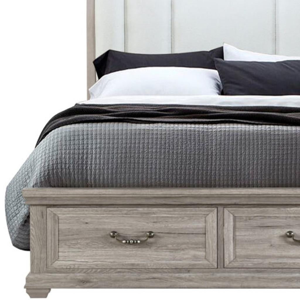 Natural and Light Gray Distressed Wood And Upholstery Queen Bed Frame With Drawers