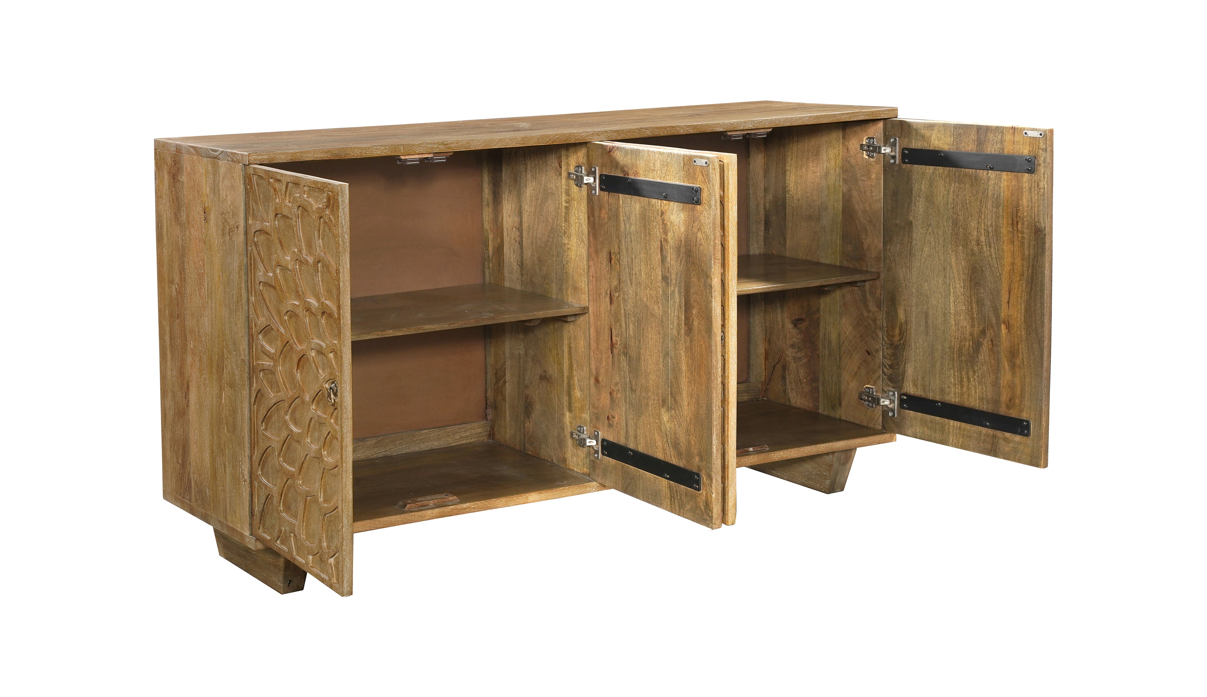 70" Brown Distressed Solid Wood Carved Floral Sideboard with Four Doors