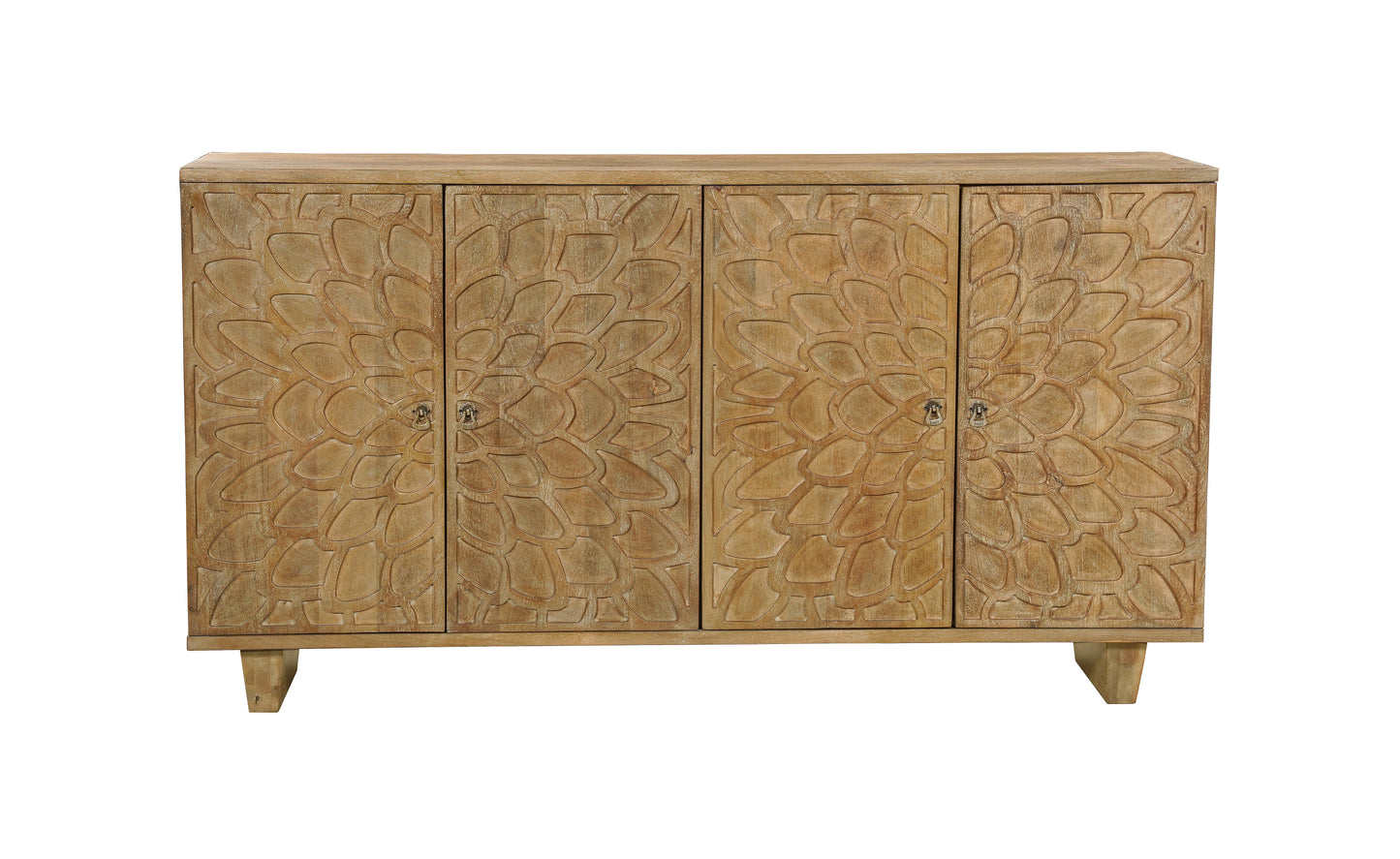 70" Brown Distressed Solid Wood Carved Floral Sideboard with Four Doors