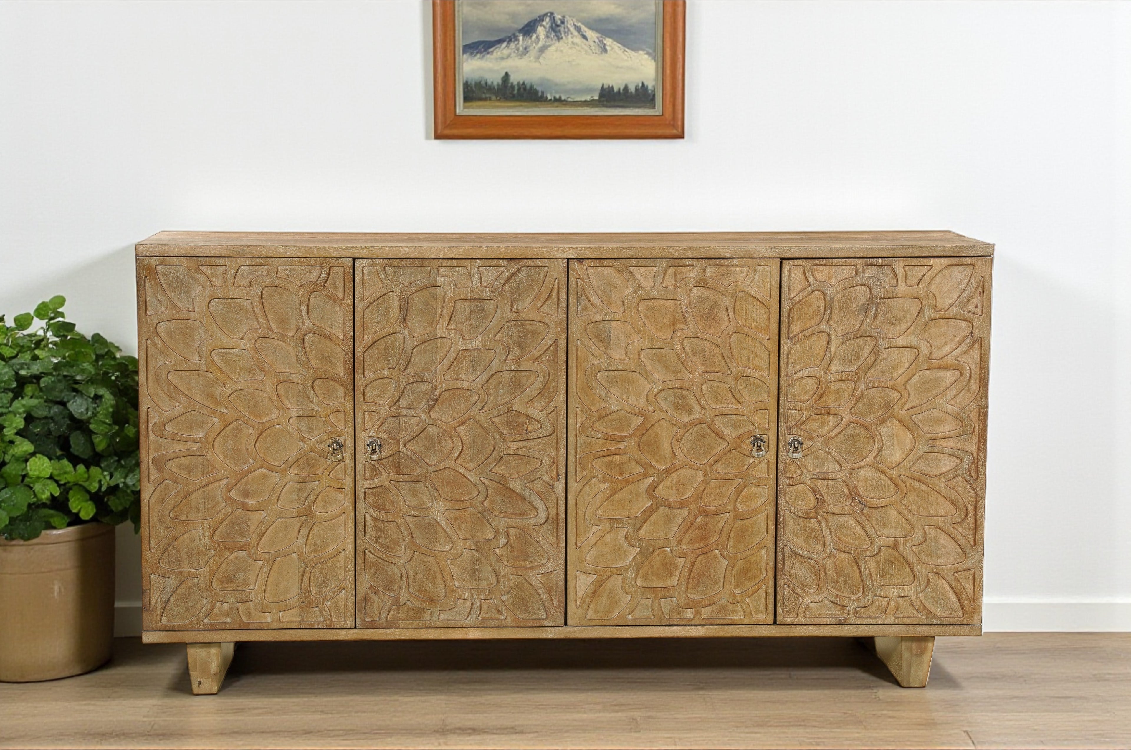 70" Brown Distressed Solid Wood Carved Floral Sideboard with Four Doors