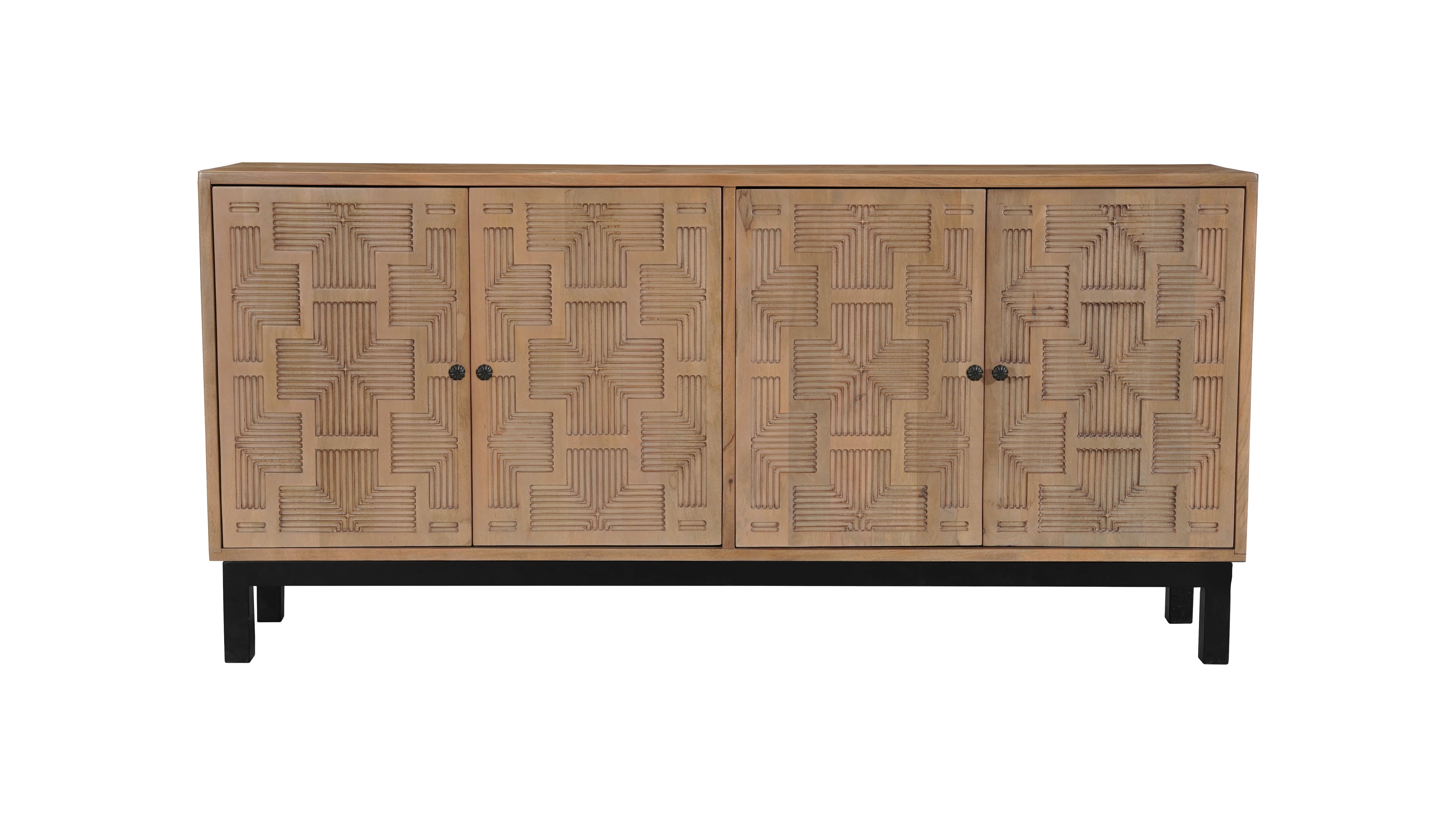 80" Brown Solid Wood Carved Geometric Sideboard with Four Doors