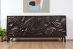 80" Dark Brown Solid Wood Carved Abstract Sideboard with Four Doors