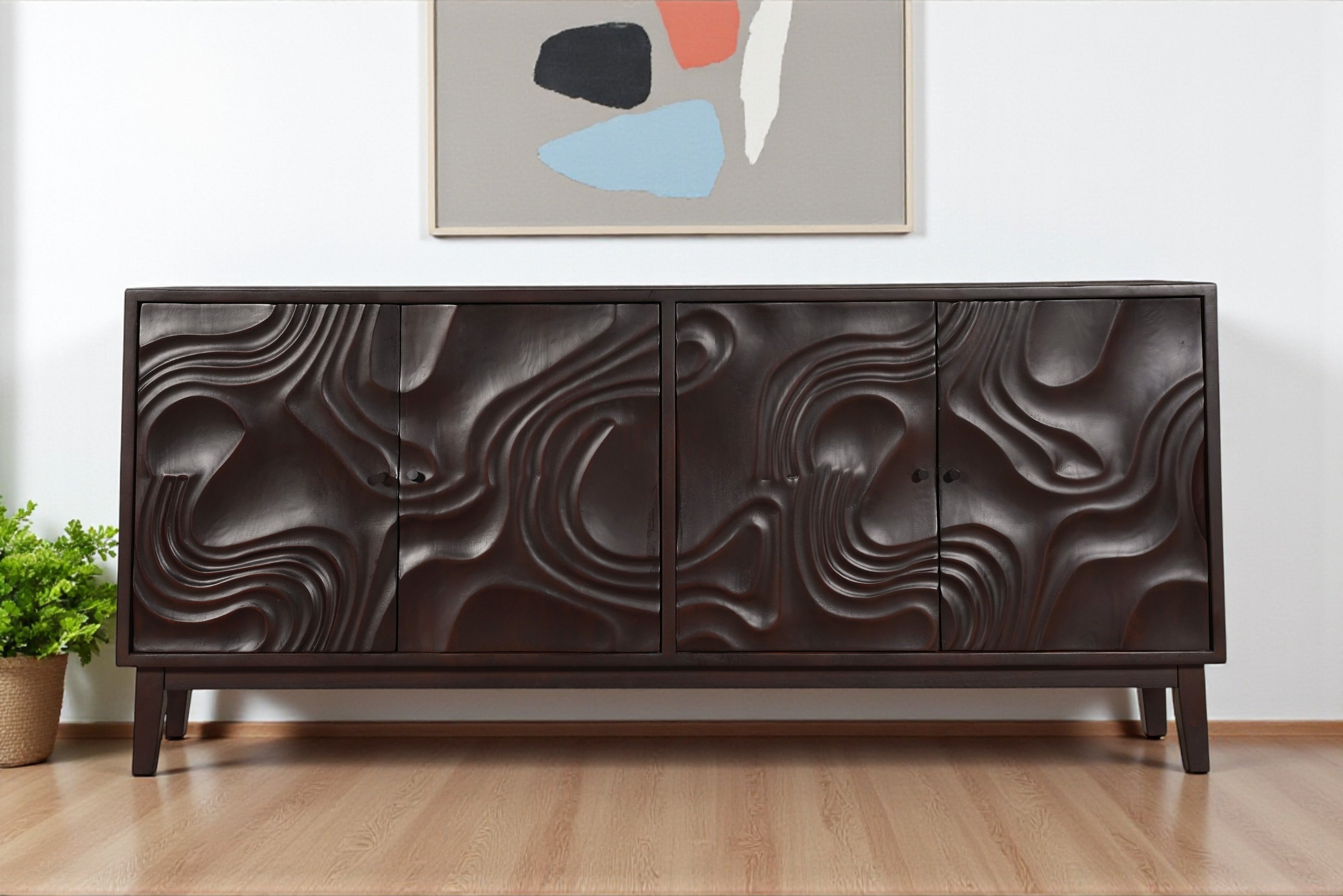 80" Dark Brown Solid Wood Carved Abstract Sideboard with Four Doors