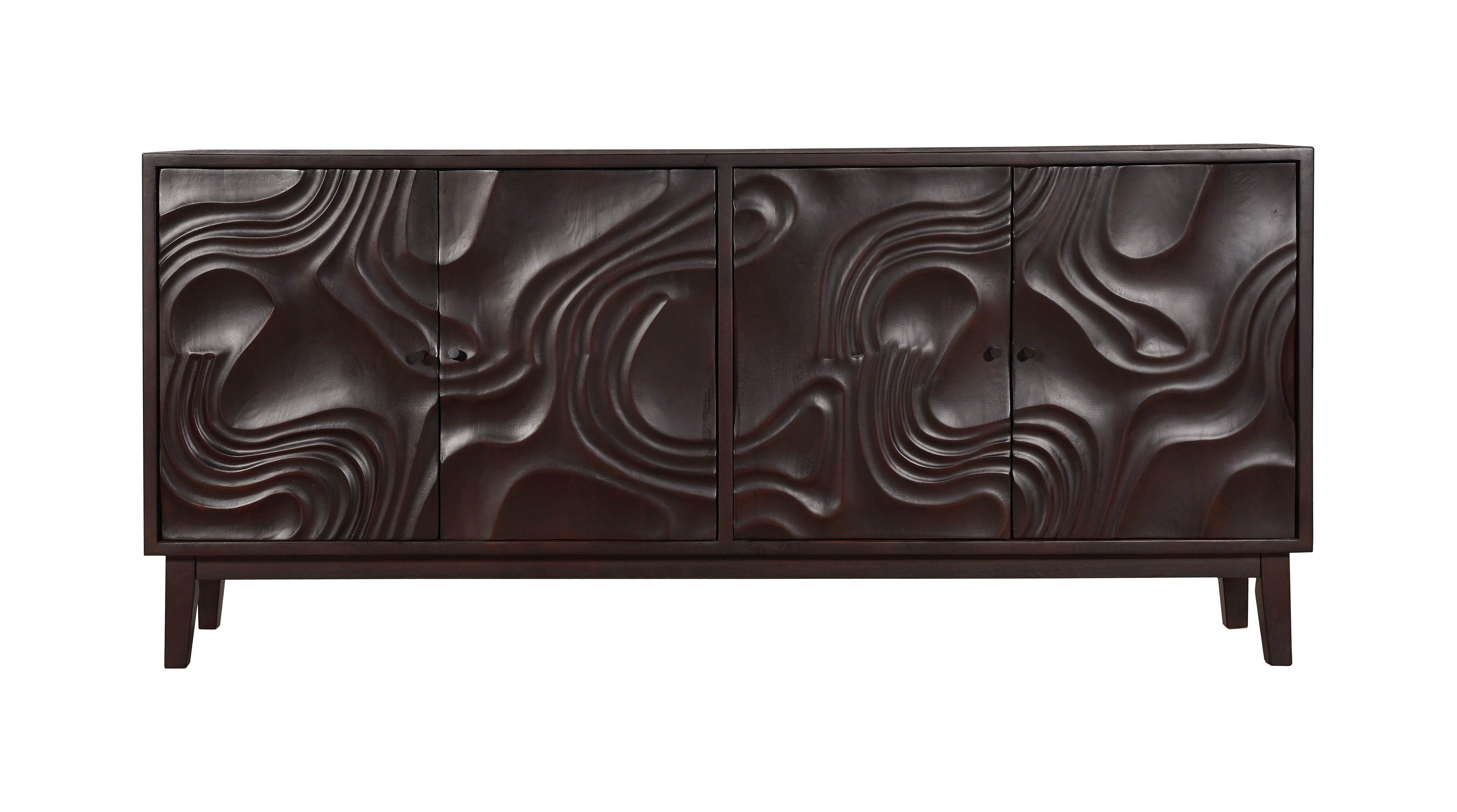 80" Dark Brown Solid Wood Carved Abstract Sideboard with Four Doors