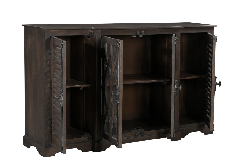70" Dark Brown Solid Wood Carved Geometric Sideboard with Four Doors