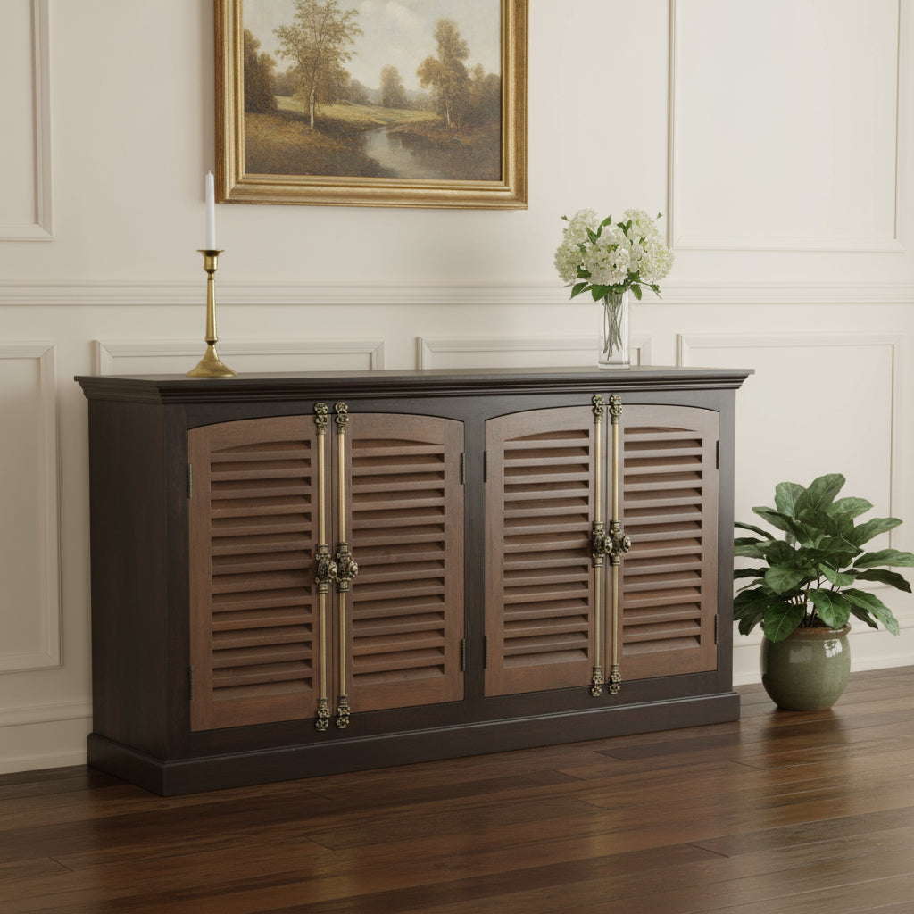 72" Dark Brown Solid Wood Shutter Style Sideboard with Four Doors