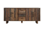 83" Dark Brown Distressed Reclaimed Wood Three Drawer Sideboard with Four Doors